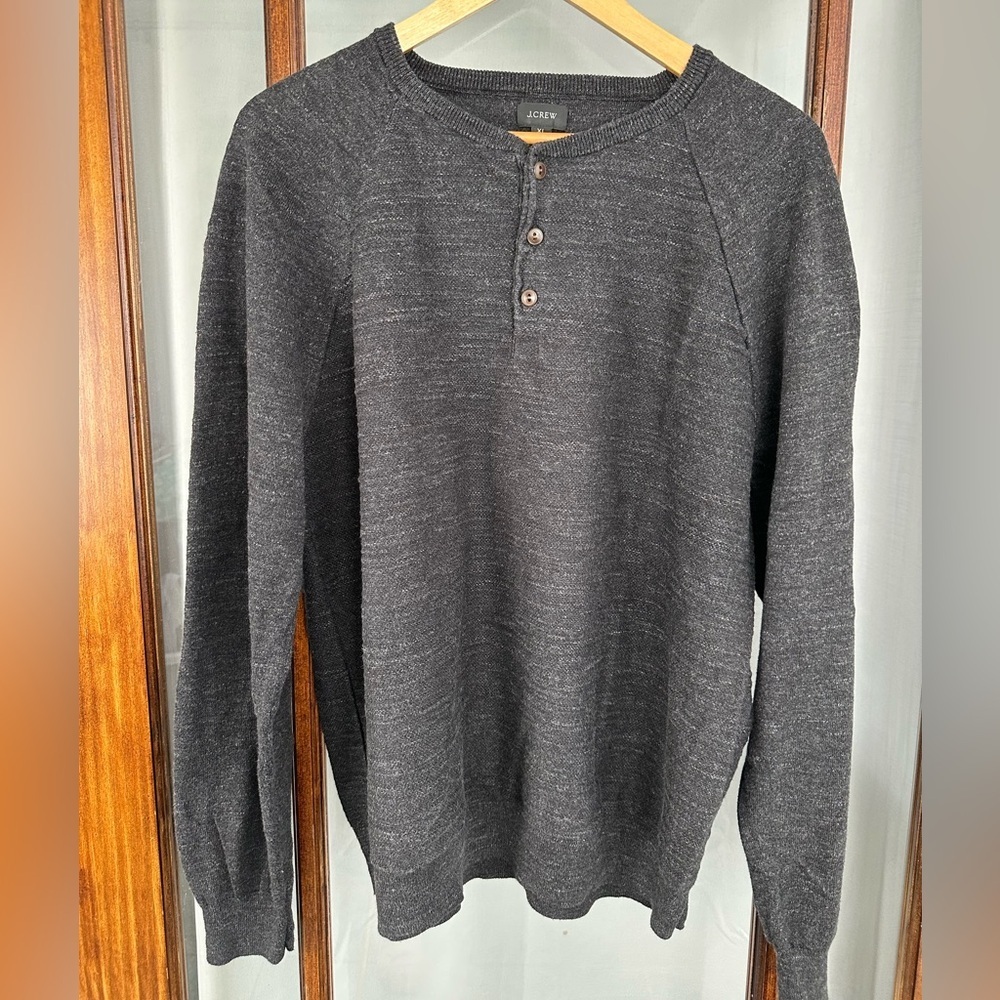 J Crew Henley Cotton Mens XL Long Sleeve Gray Pullover Knit Sweater Outdoor